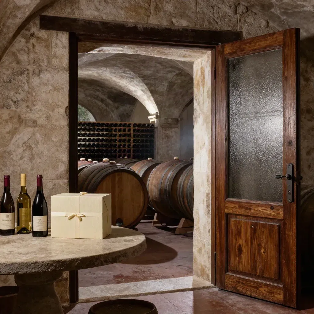 Cantina storica con botti, bottiglie retroilluminate e scatola regalo su tavolo in pietra.