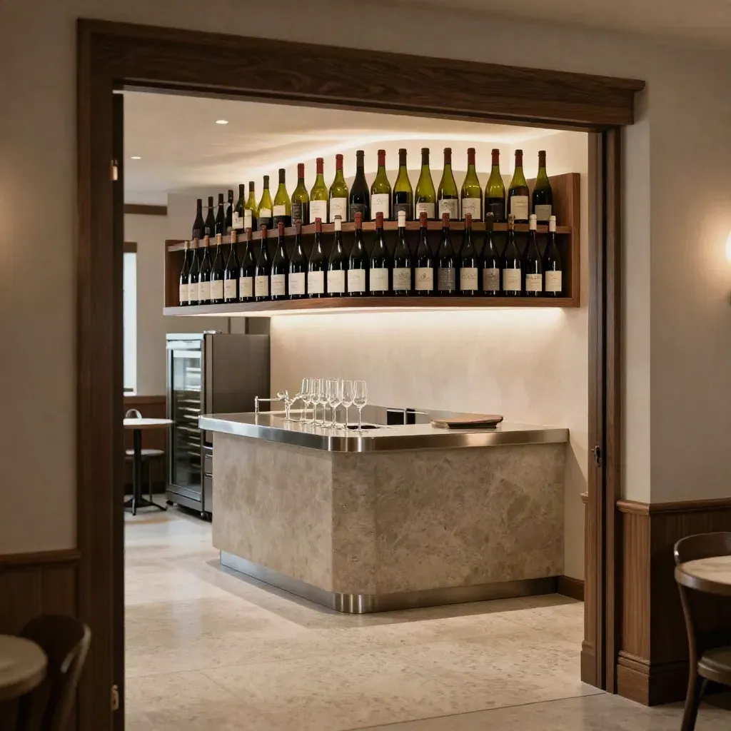 Cella ristorante elegante con bottiglie ordinate, nicchia luminosa e banco servizio in travertino.
