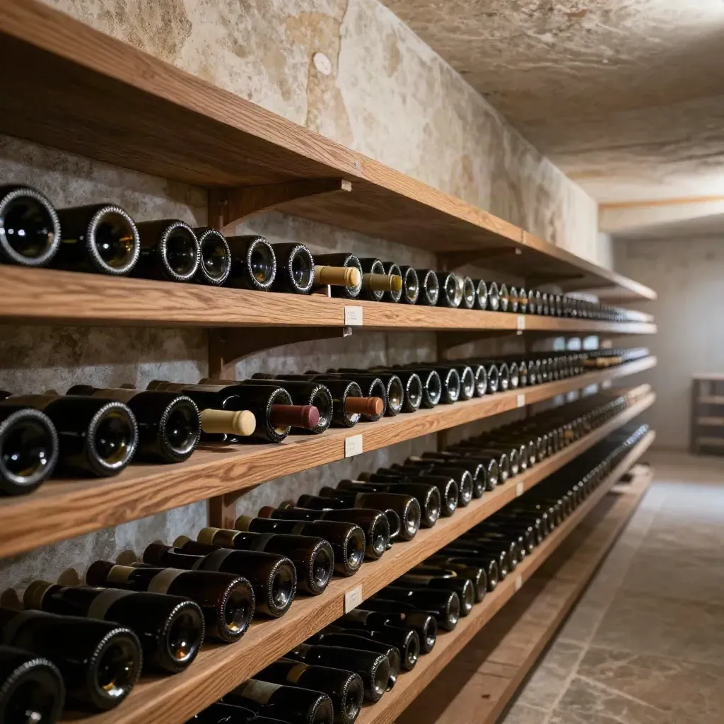Cantina privata in rovere con bottiglie allineate in orizzontale e atmosfera soffusa.