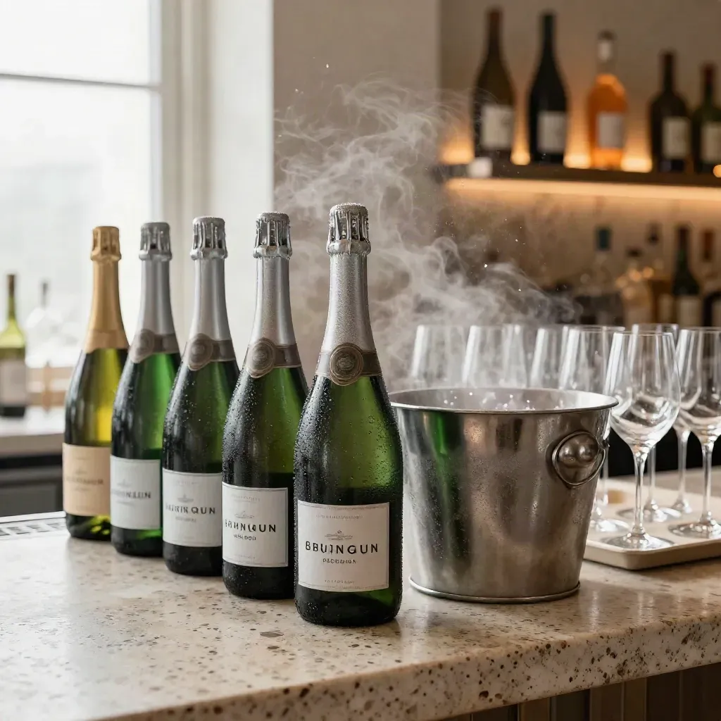 Bar aperitivo con bottiglie spumante ghiacciate, calici impilati e secchiello appannato.