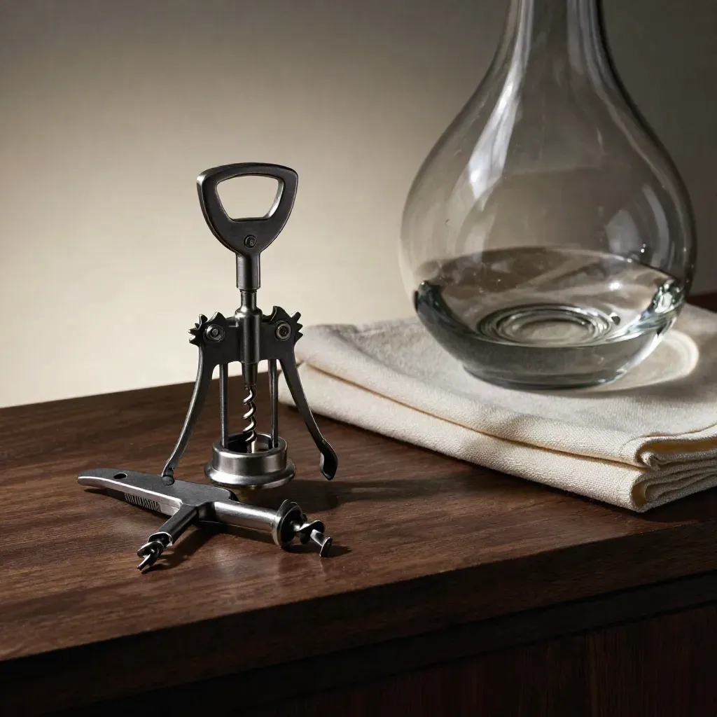 Cavatappi, tagliacapsule e panno su base di decanter, luce drammatica da sommelier.