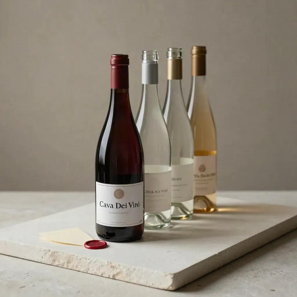 Bottiglie di vino selezionate su fondo chiaro con sigillo di cera e scheda crema sfocata