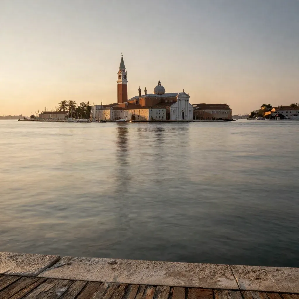 Laguna veneziana al tramonto con campanile lontano e tetti terracotta nella foschia.