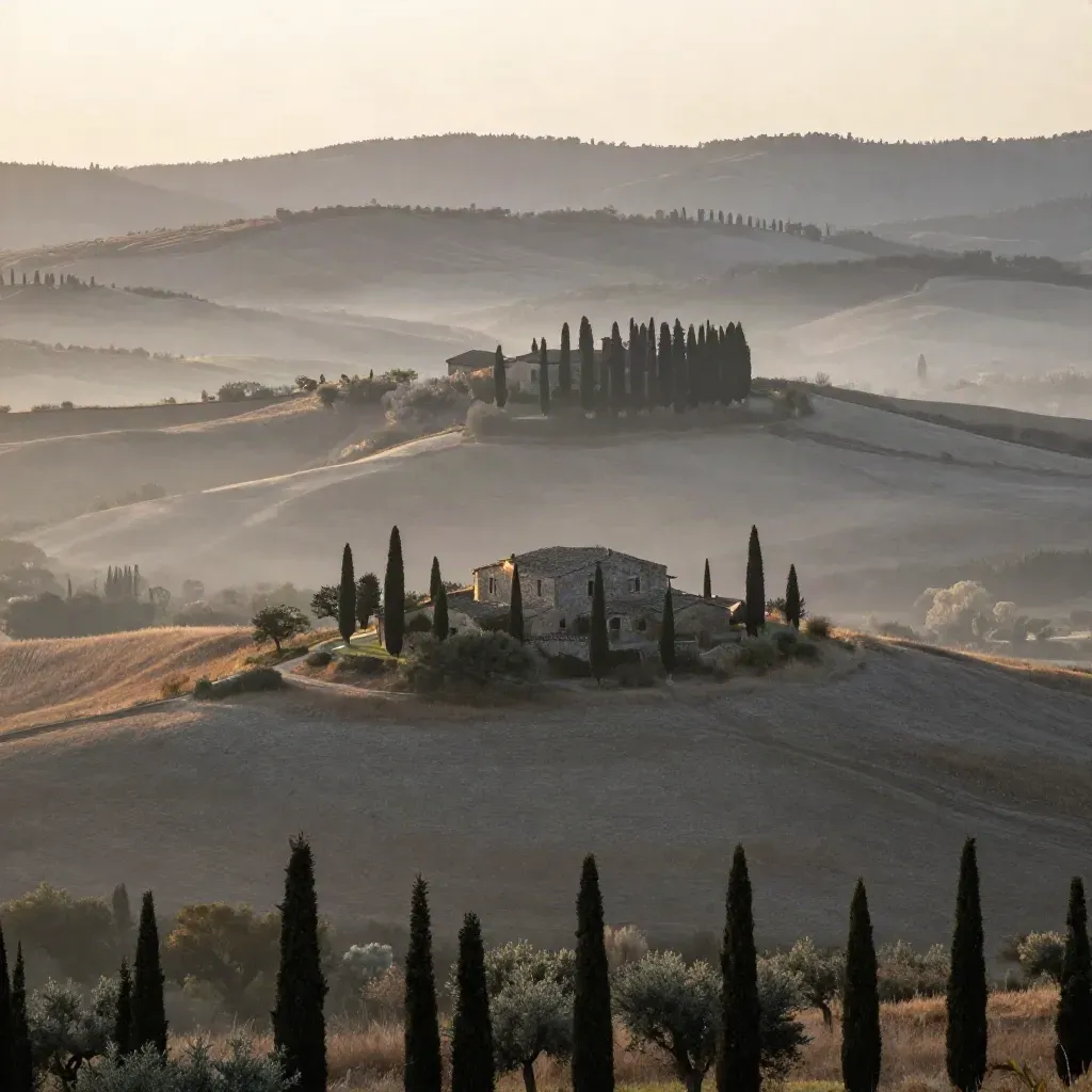 Colline toscane all’alba con cipressi, casali in pietra e nebbia soffice